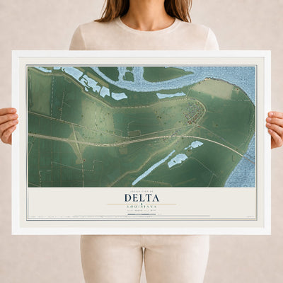 Map of Delta, Louisiana, 18 x 24 inch print in a white wood frame