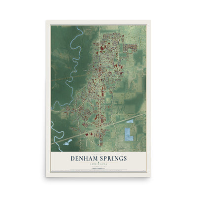 Map of Denham Springs, Louisiana, 12 x 18 inch unframed archival matte print