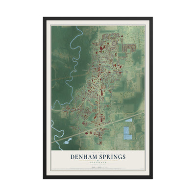 Map of Denham Springs, Louisiana, 12 x 18 inch print in a black wood frame