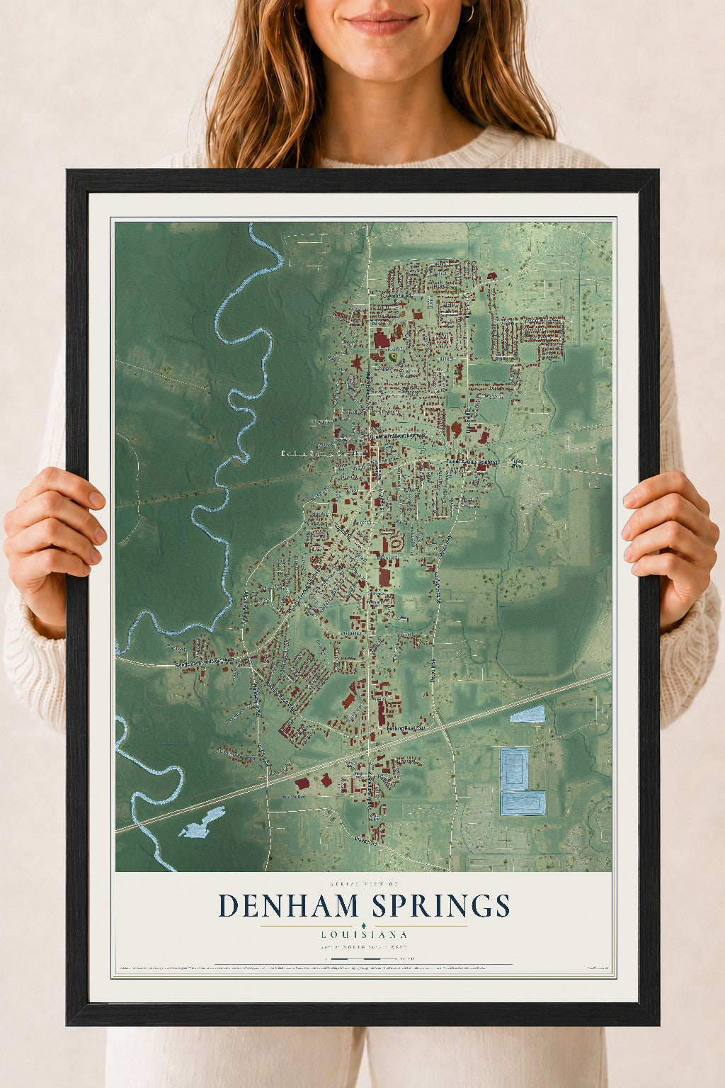 Map of Denham Springs, Louisiana, 18 x 24 inch print in a black wood frame