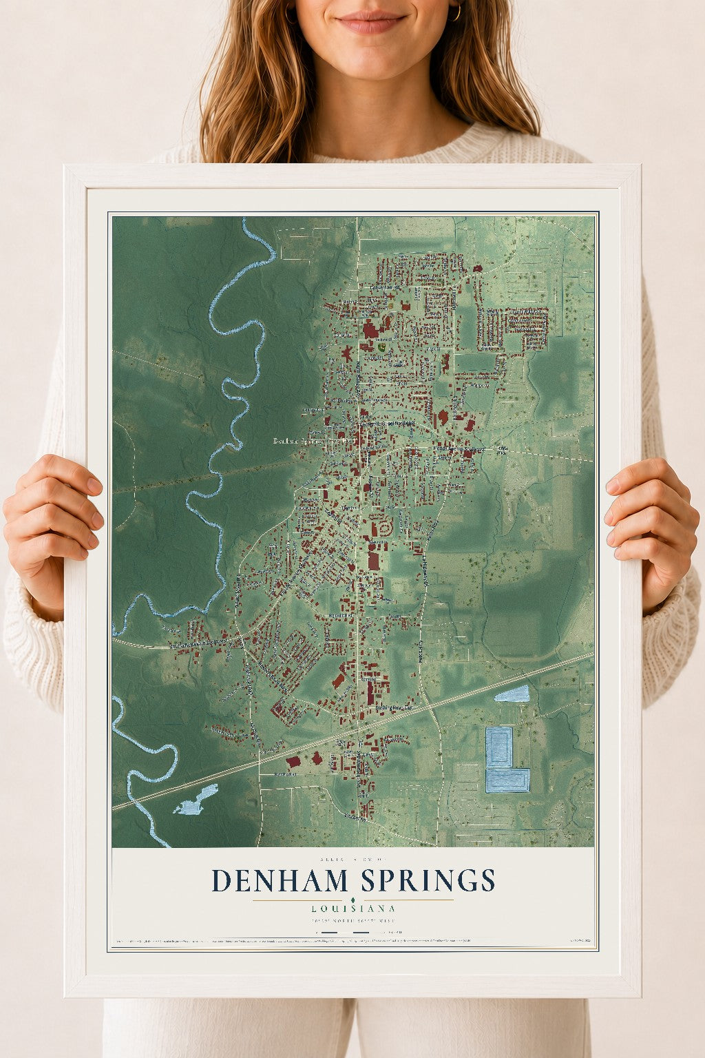 Map of Denham Springs, Louisiana, 18 x 24 inch print in a white wood frame