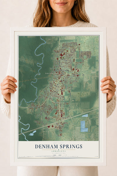 Map of Denham Springs, Louisiana, 18 x 24 inch print in a white wood frame