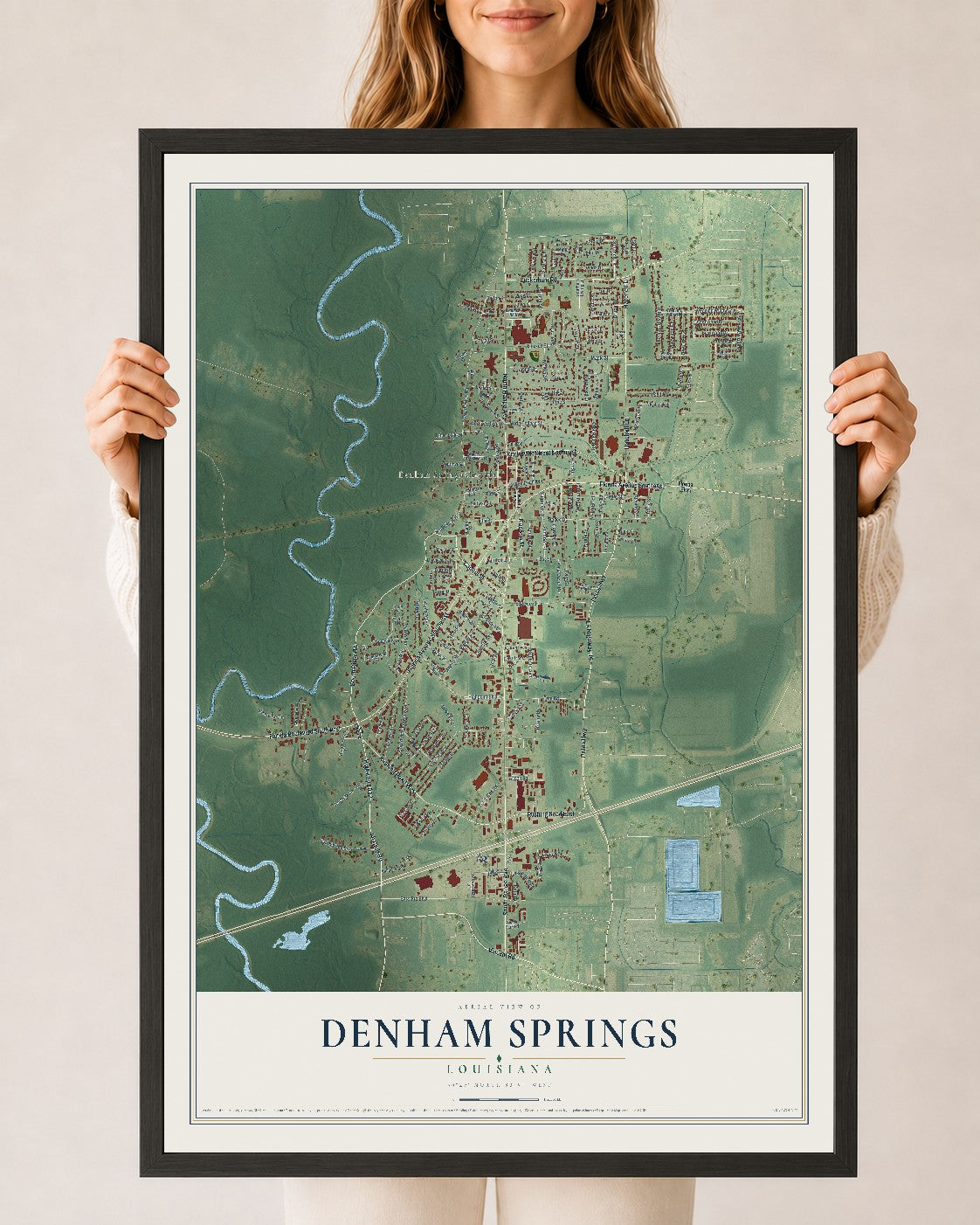 Map of Denham Springs, Louisiana, 24 x 36 inch print in a black wood frame