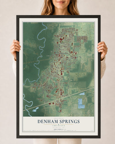 Map of Denham Springs, Louisiana, 24 x 36 inch print in a black wood frame