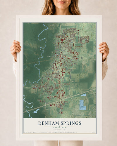Map of Denham Springs, Louisiana, 24 x 36 inch print in a white wood frame
