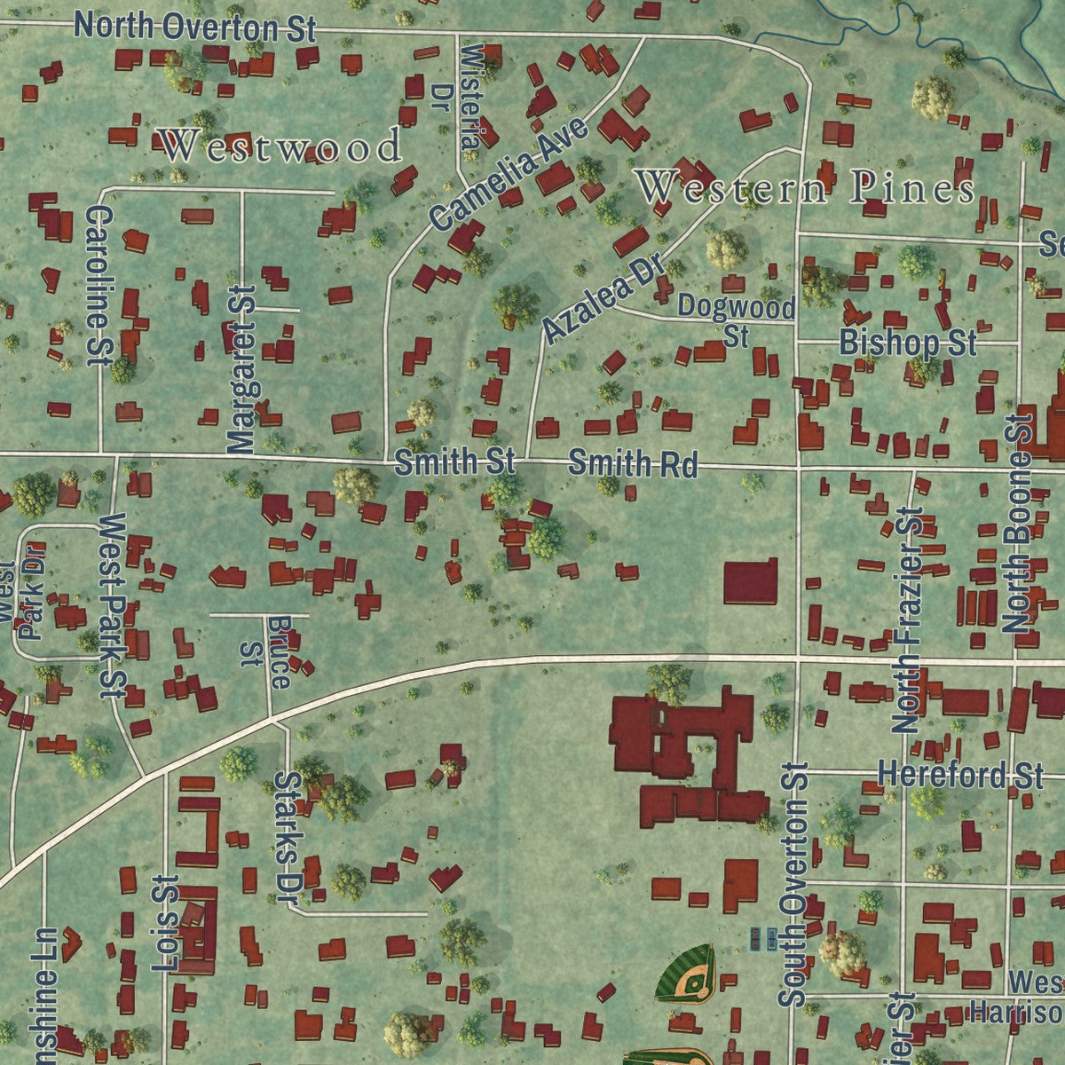 Second close-up of the map of DeQuincy, Louisiana print showing more streets and buildings