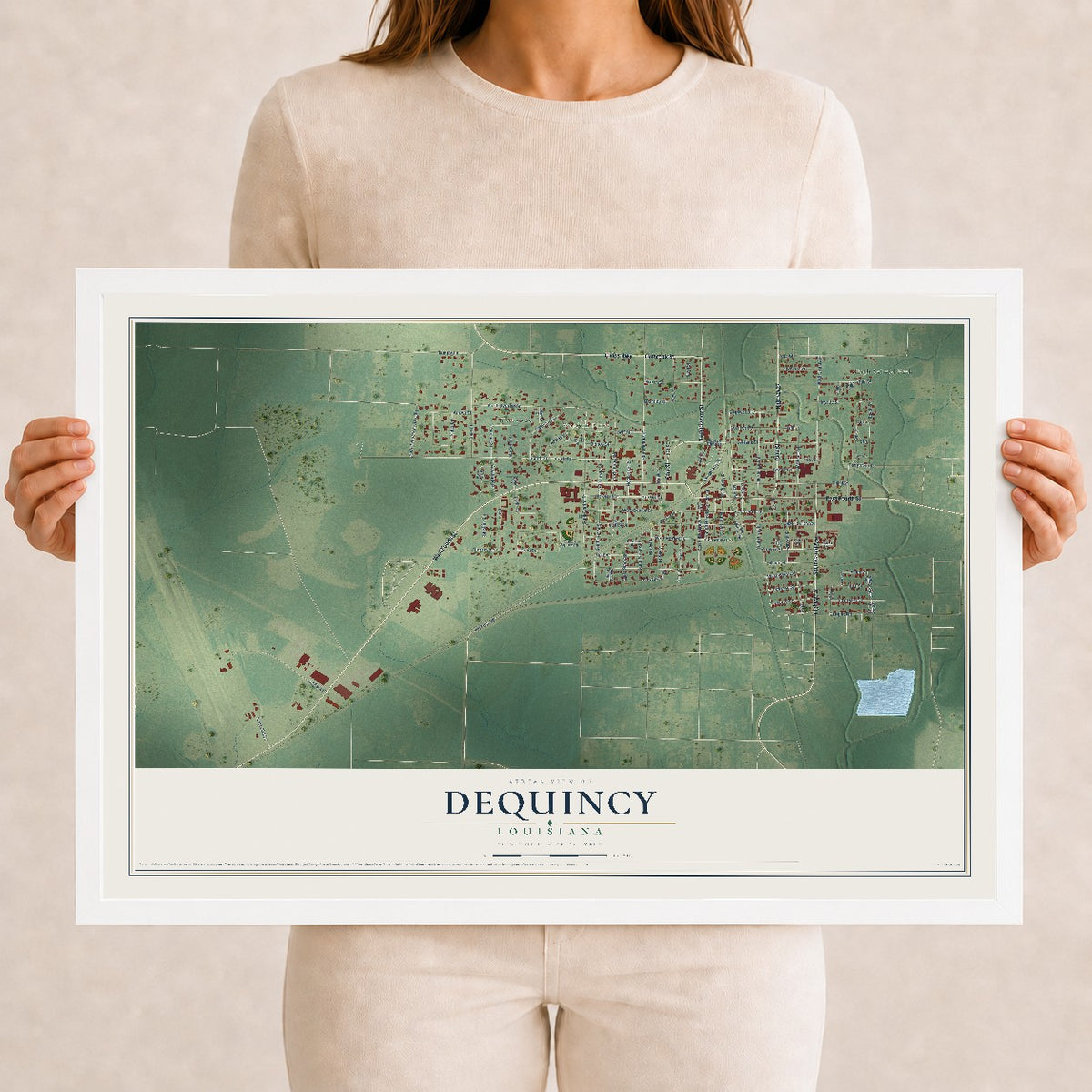 Map of DeQuincy, Louisiana, 12 x 18 inch print in a white wood frame