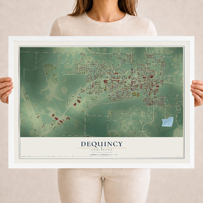 Map of DeQuincy, Louisiana, 18 x 24 inch print in a white wood frame
