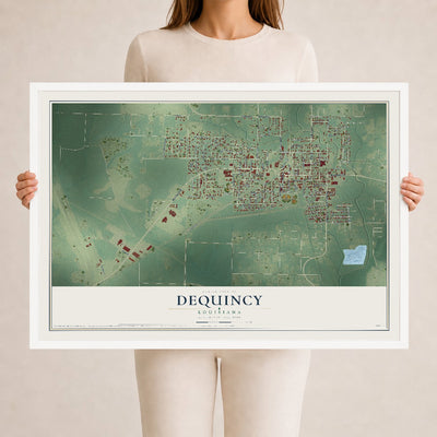 Map of DeQuincy, Louisiana, 24 x 36 inch print in a white wood frame