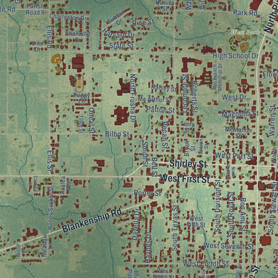 Close-up of the map of DeRidder, Louisiana print showing street and building detail