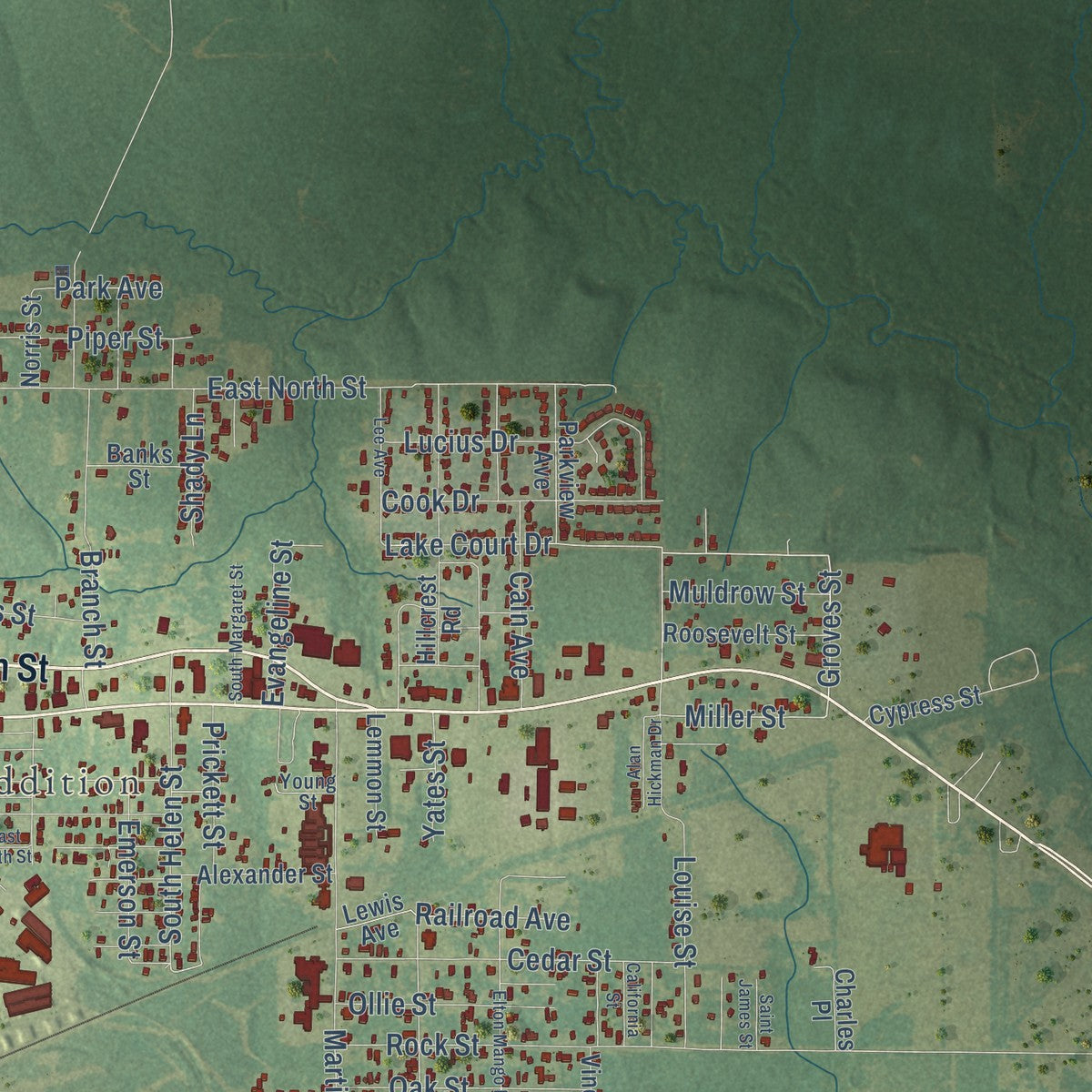 Second close-up of the map of DeRidder, Louisiana print showing more streets and buildings