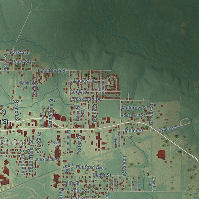 Second close-up of the map of DeRidder, Louisiana print showing more streets and buildings
