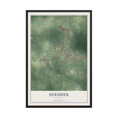 Map of DeRidder, Louisiana, 12 x 18 inch print in a black wood frame