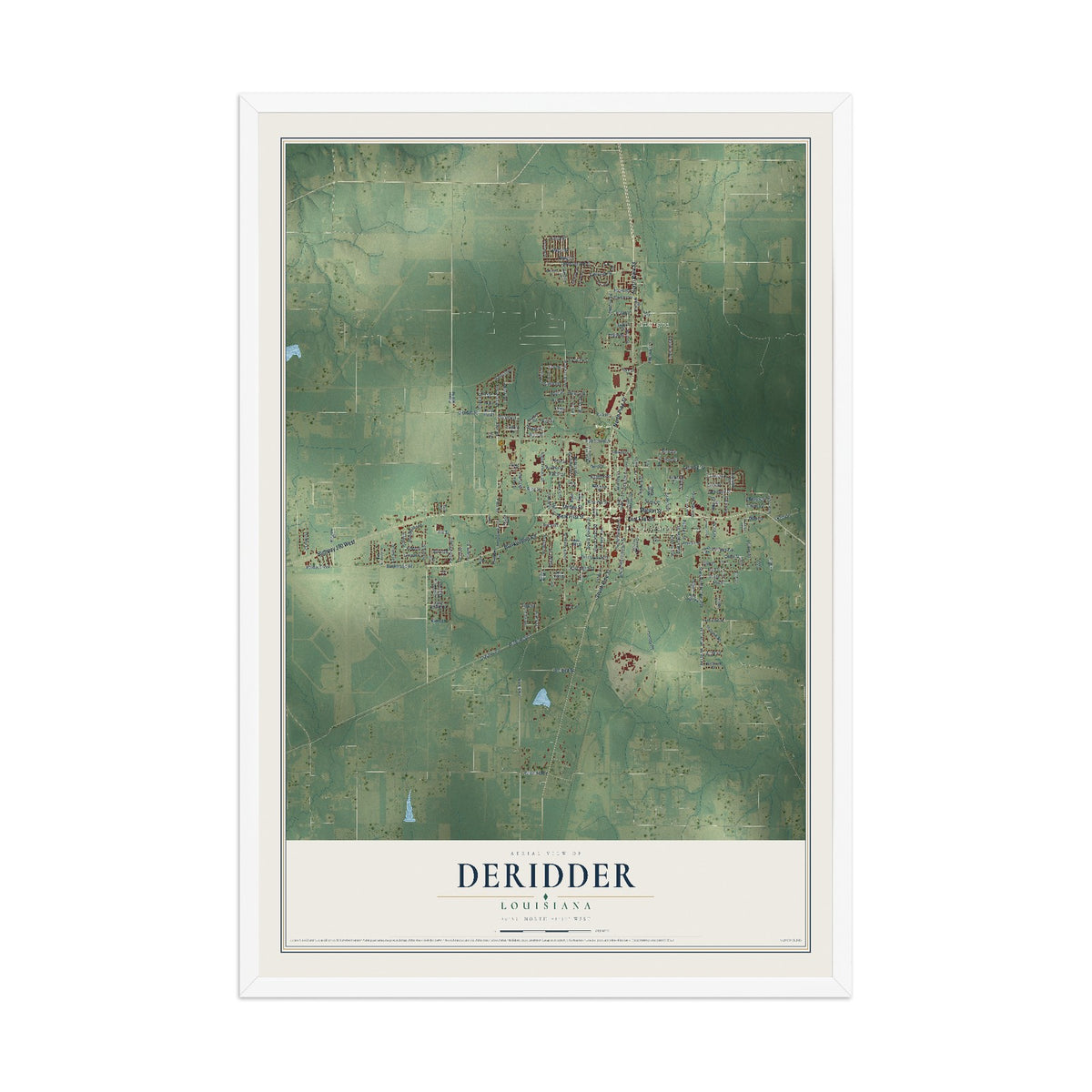 Map of DeRidder, Louisiana, 12 x 18 inch print in a white wood frame