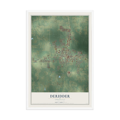 Map of DeRidder, Louisiana, 12 x 18 inch print in a white wood frame