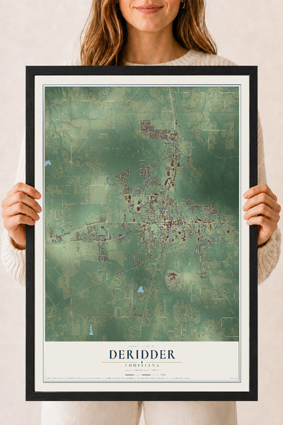 Map of DeRidder, Louisiana, 18 x 24 inch print in a black wood frame