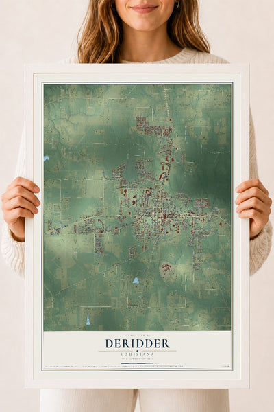 Map of DeRidder, Louisiana, 18 x 24 inch print in a white wood frame