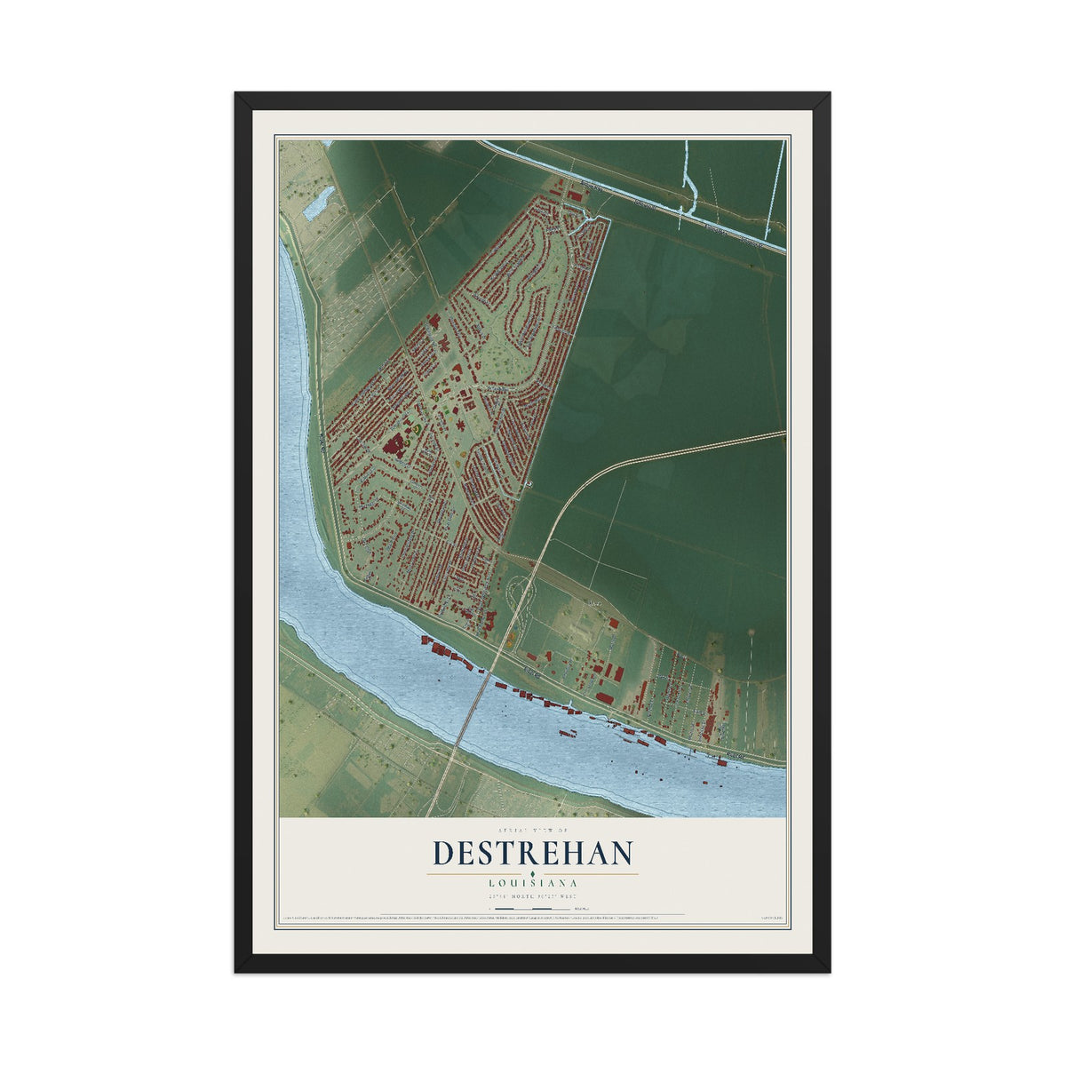 Map of Destrehan, Louisiana, 12 x 18 inch print in a black wood frame
