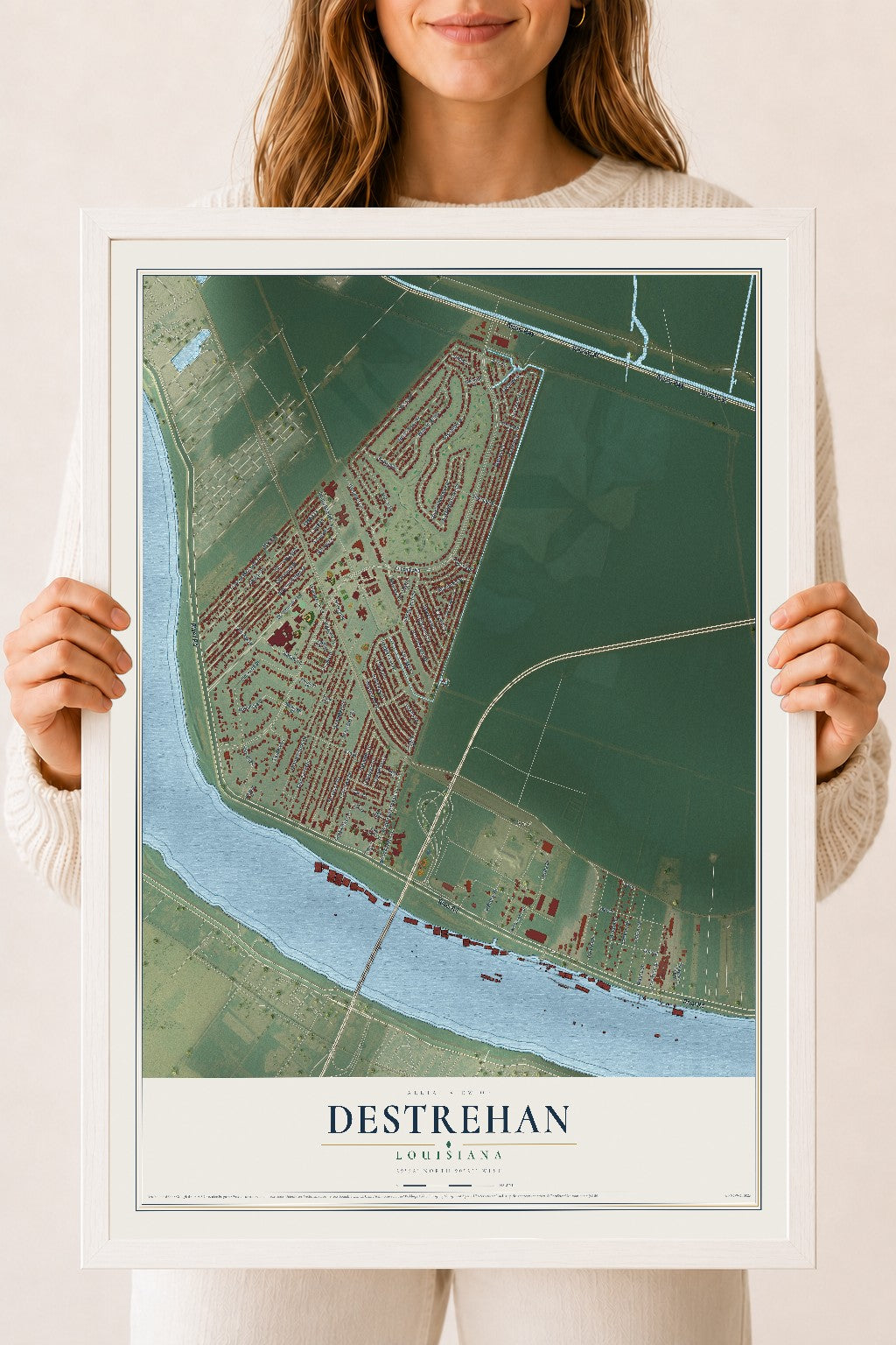 Map of Destrehan, Louisiana, 18 x 24 inch print in a white wood frame
