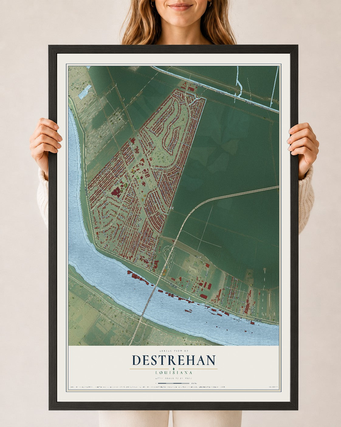 Map of Destrehan, Louisiana, 24 x 36 inch print in a black wood frame