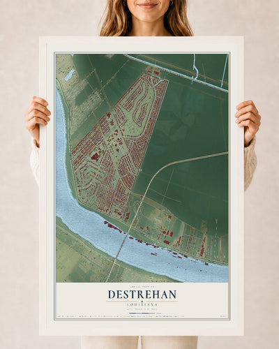 Map of Destrehan, Louisiana, 24 x 36 inch print in a white wood frame
