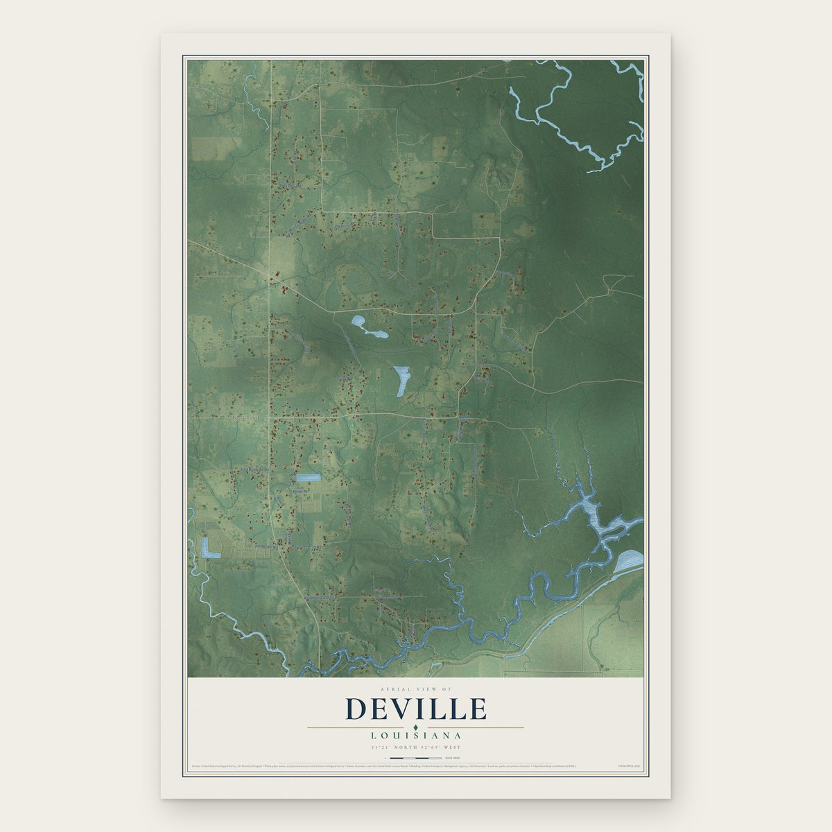 Deville, Louisiana map print, the full design