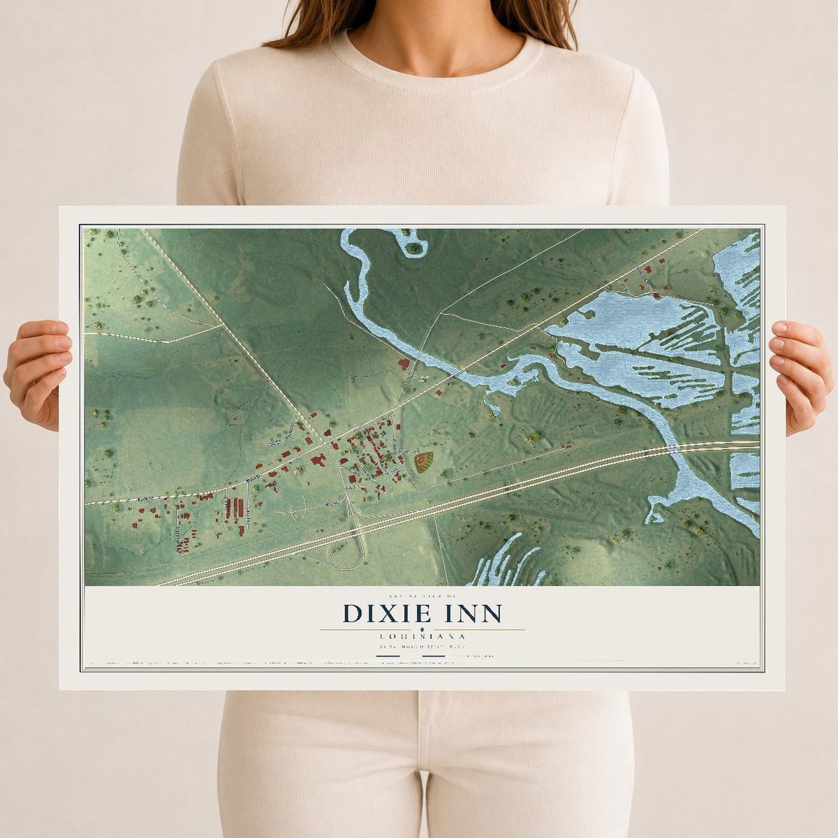 Map of Dixie Inn, Louisiana, 12 x 18 inch unframed archival matte print