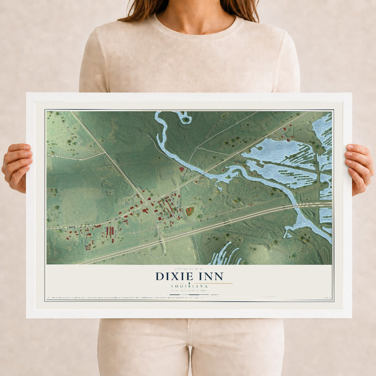 Map of Dixie Inn, Louisiana, 12 x 18 inch print in a white wood frame
