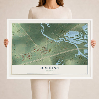 Map of Dixie Inn, Louisiana, 24 x 36 inch print in a white wood frame