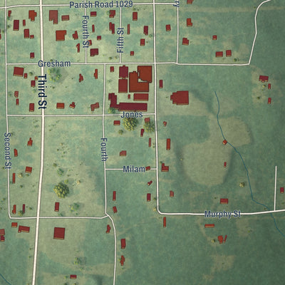 Close-up of the map of Dodson, Louisiana print showing street and building detail