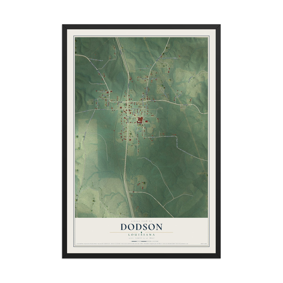 Map of Dodson, Louisiana, 12 x 18 inch print in a black wood frame