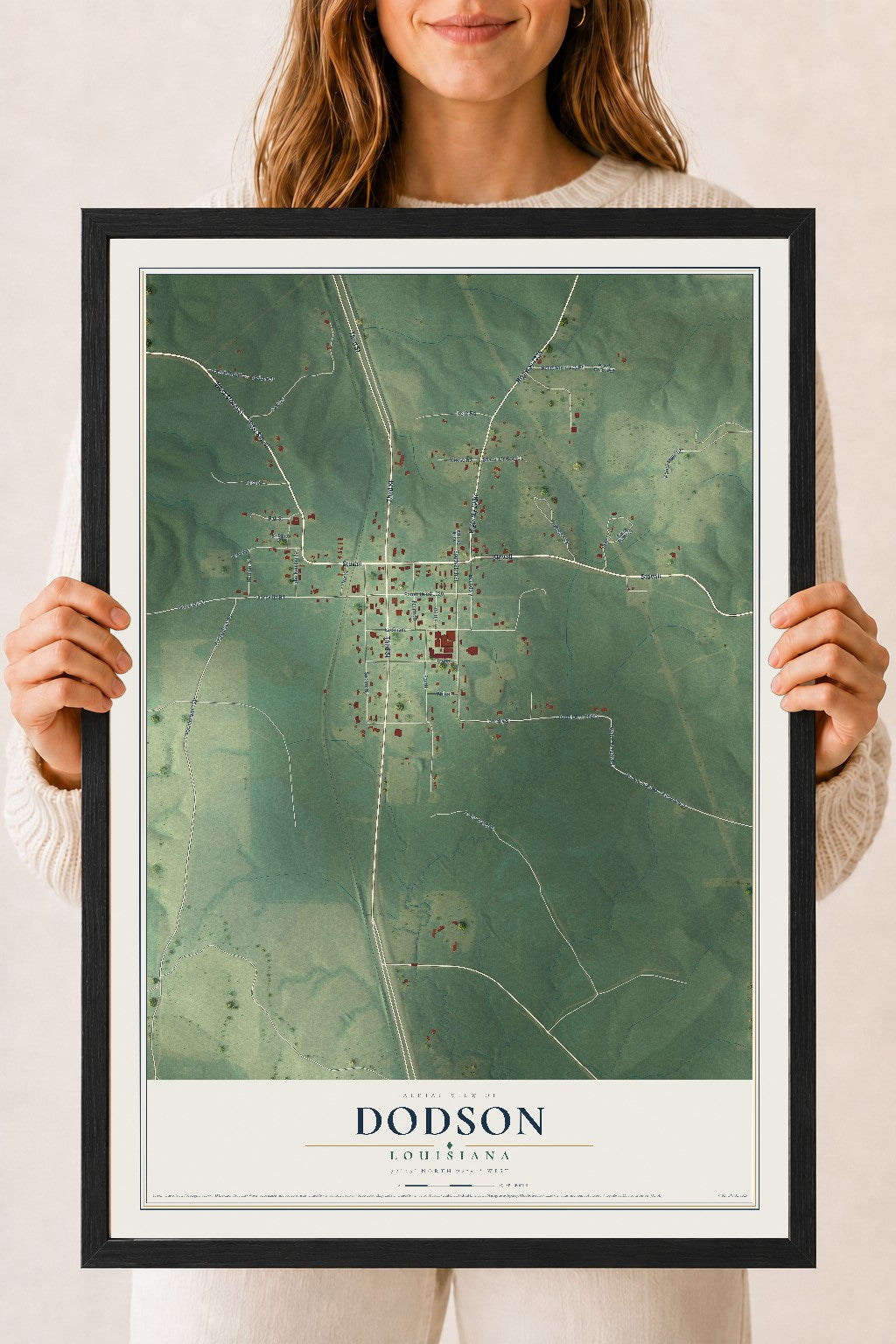 Map of Dodson, Louisiana, 18 x 24 inch print in a black wood frame