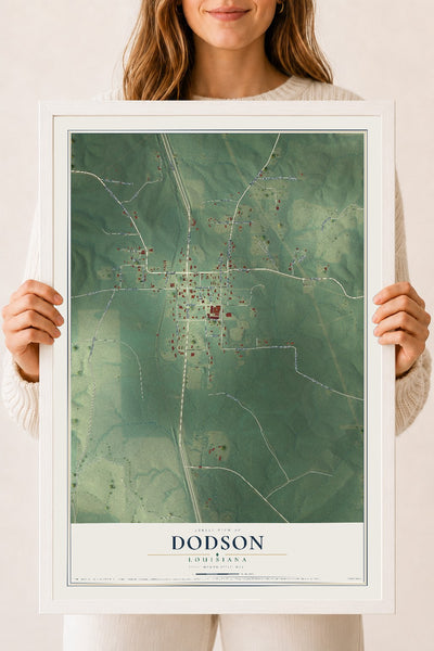 Map of Dodson, Louisiana, 18 x 24 inch print in a white wood frame