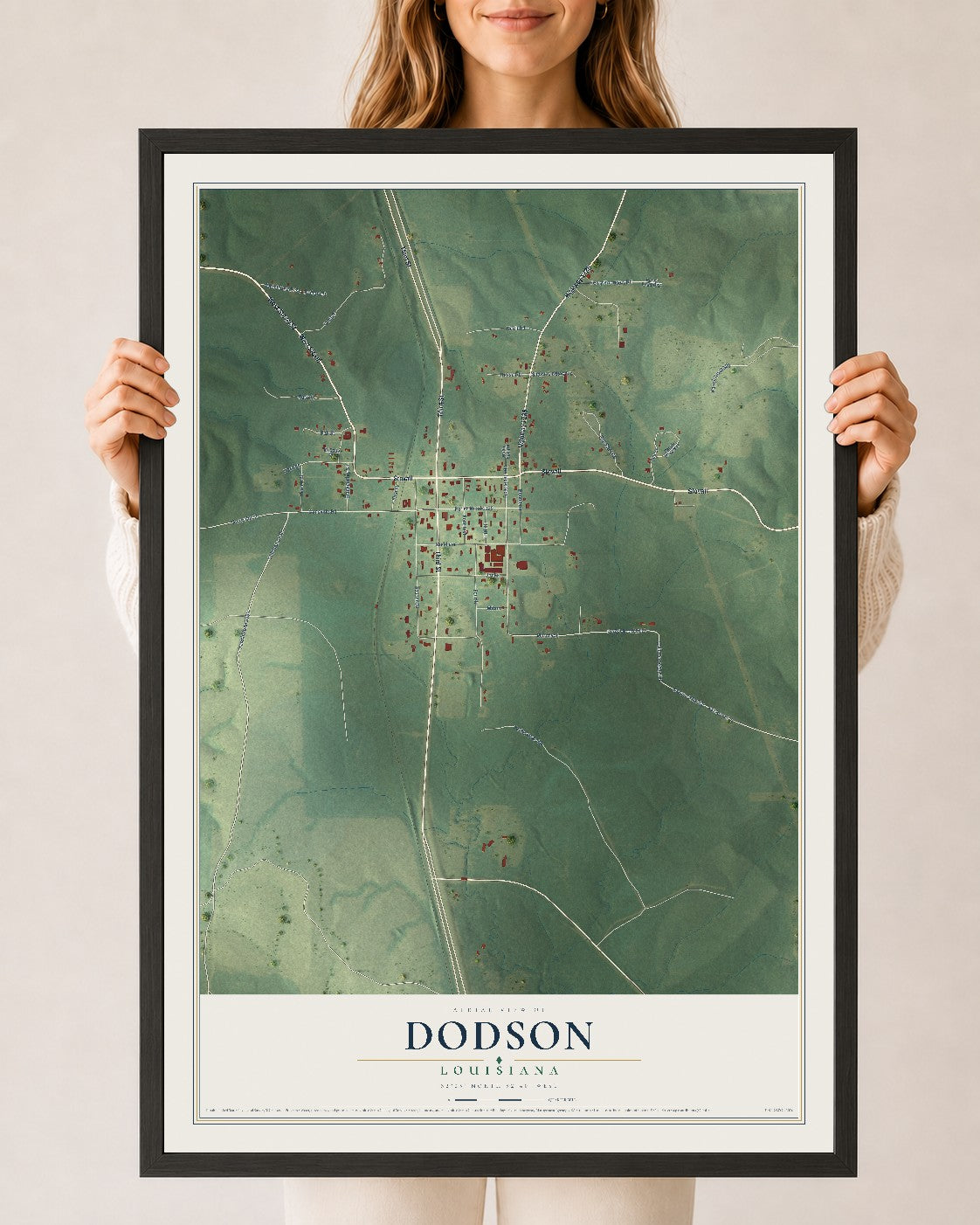 Map of Dodson, Louisiana, 24 x 36 inch print in a black wood frame