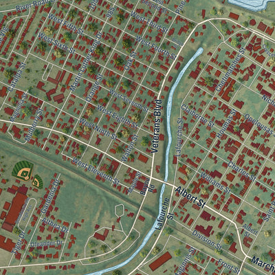 Close-up of the map of Donaldsonville, Louisiana print showing street and building detail