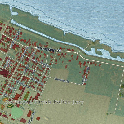 Second close-up of the map of Donaldsonville, Louisiana print showing more streets and buildings