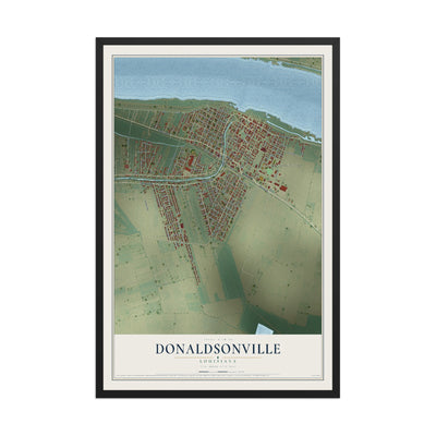 Map of Donaldsonville, Louisiana, 12 x 18 inch print in a black wood frame