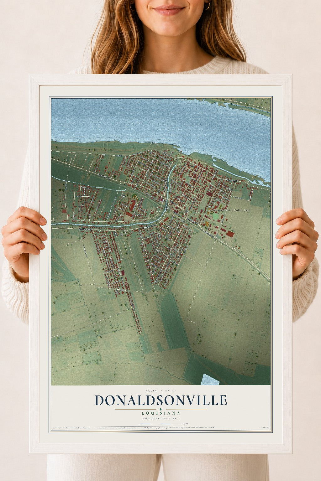 Map of Donaldsonville, Louisiana, 18 x 24 inch print in a white wood frame
