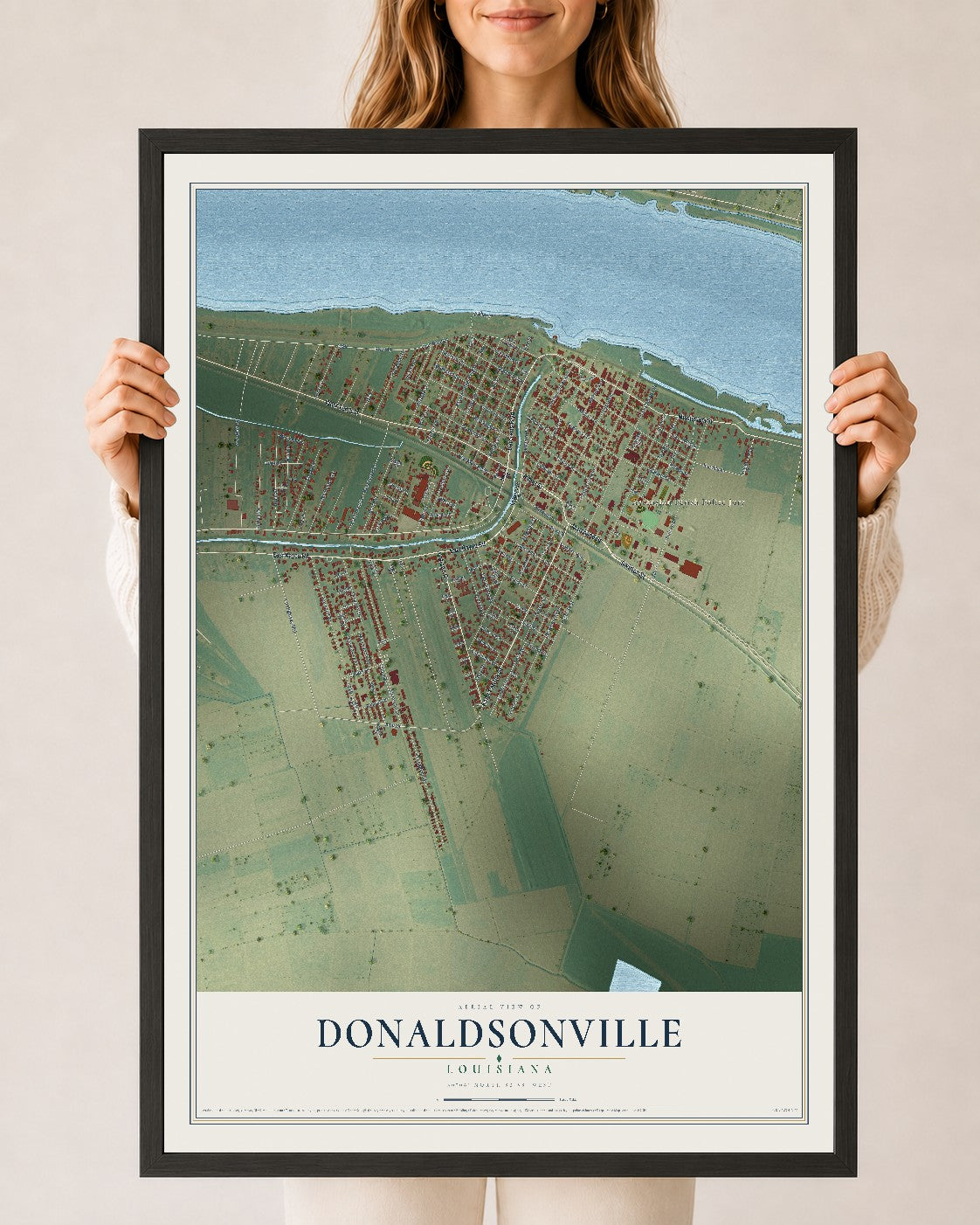 Map of Donaldsonville, Louisiana, 24 x 36 inch print in a black wood frame