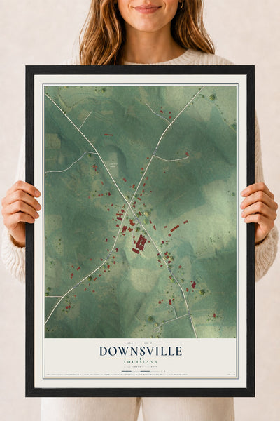 Map of Downsville, Louisiana, 18 x 24 inch print in a black wood frame