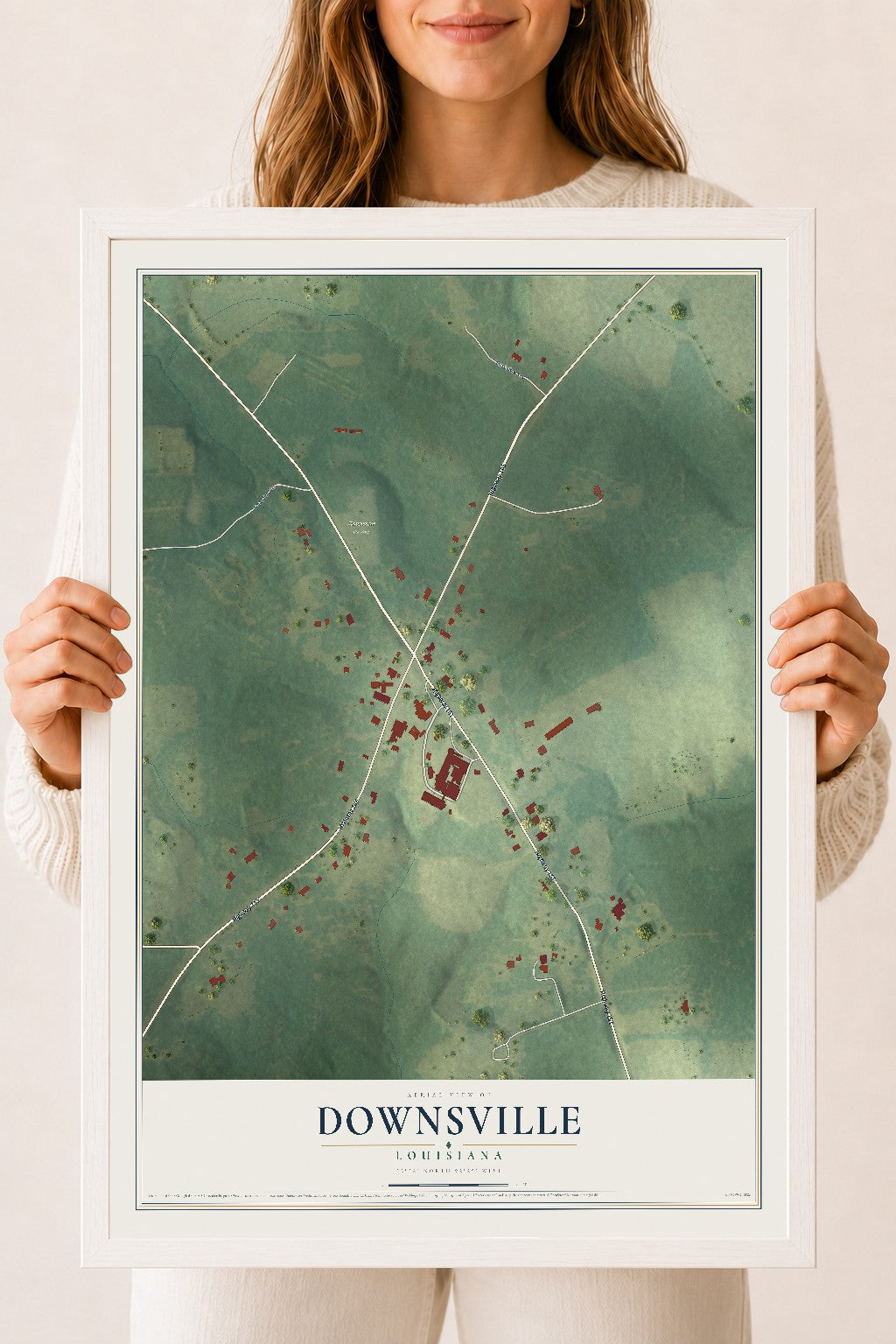 Map of Downsville, Louisiana, 18 x 24 inch print in a white wood frame