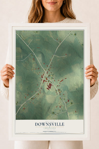 Map of Downsville, Louisiana, 18 x 24 inch print in a white wood frame