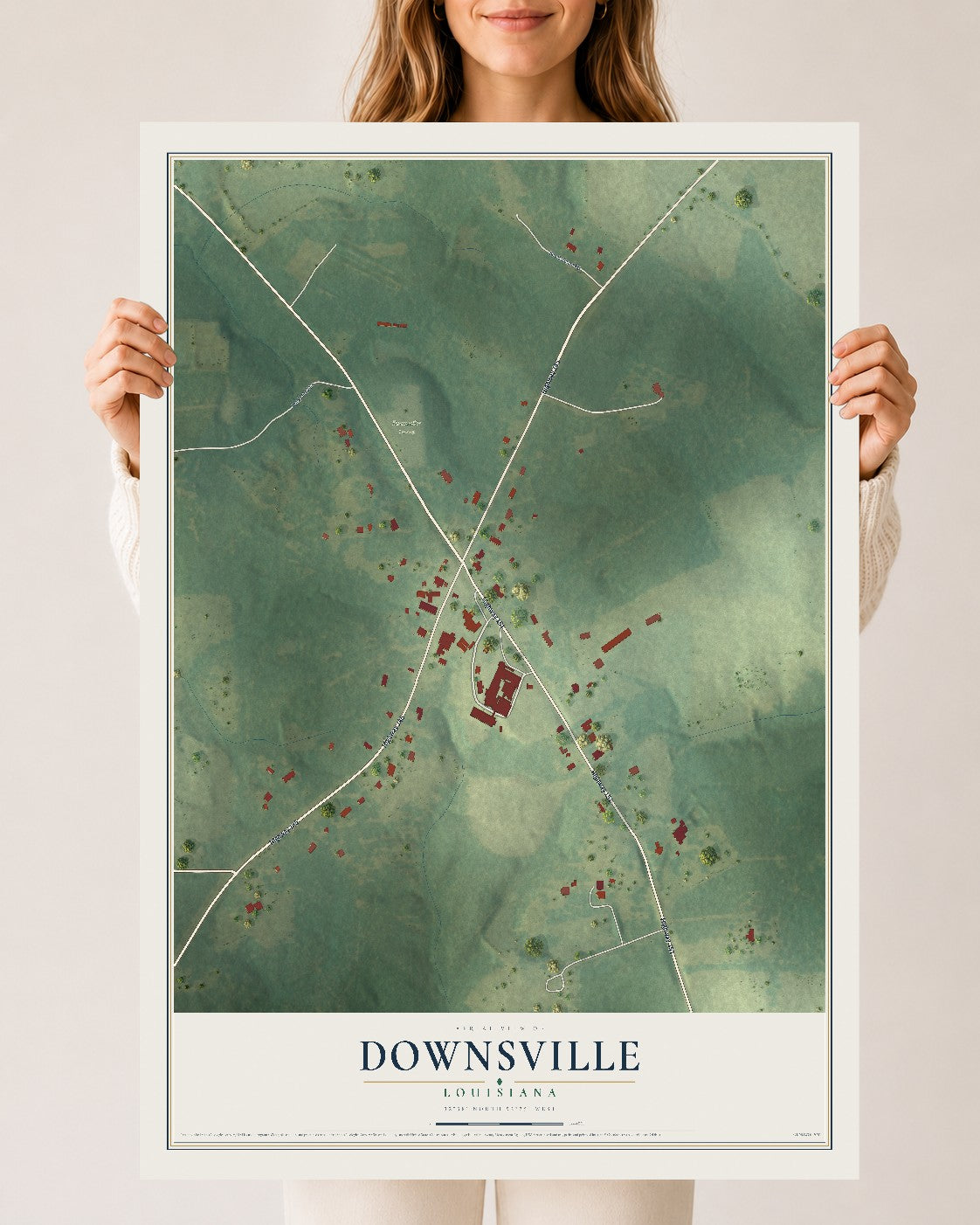 Map of Downsville, Louisiana, 24 x 36 inch unframed archival matte print