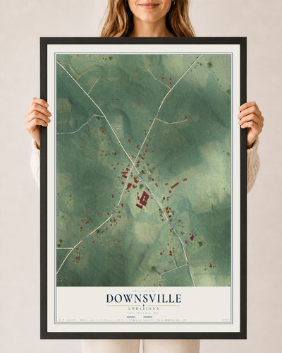 Map of Downsville, Louisiana, 24 x 36 inch print in a black wood frame
