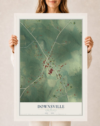 Map of Downsville, Louisiana, 24 x 36 inch print in a white wood frame