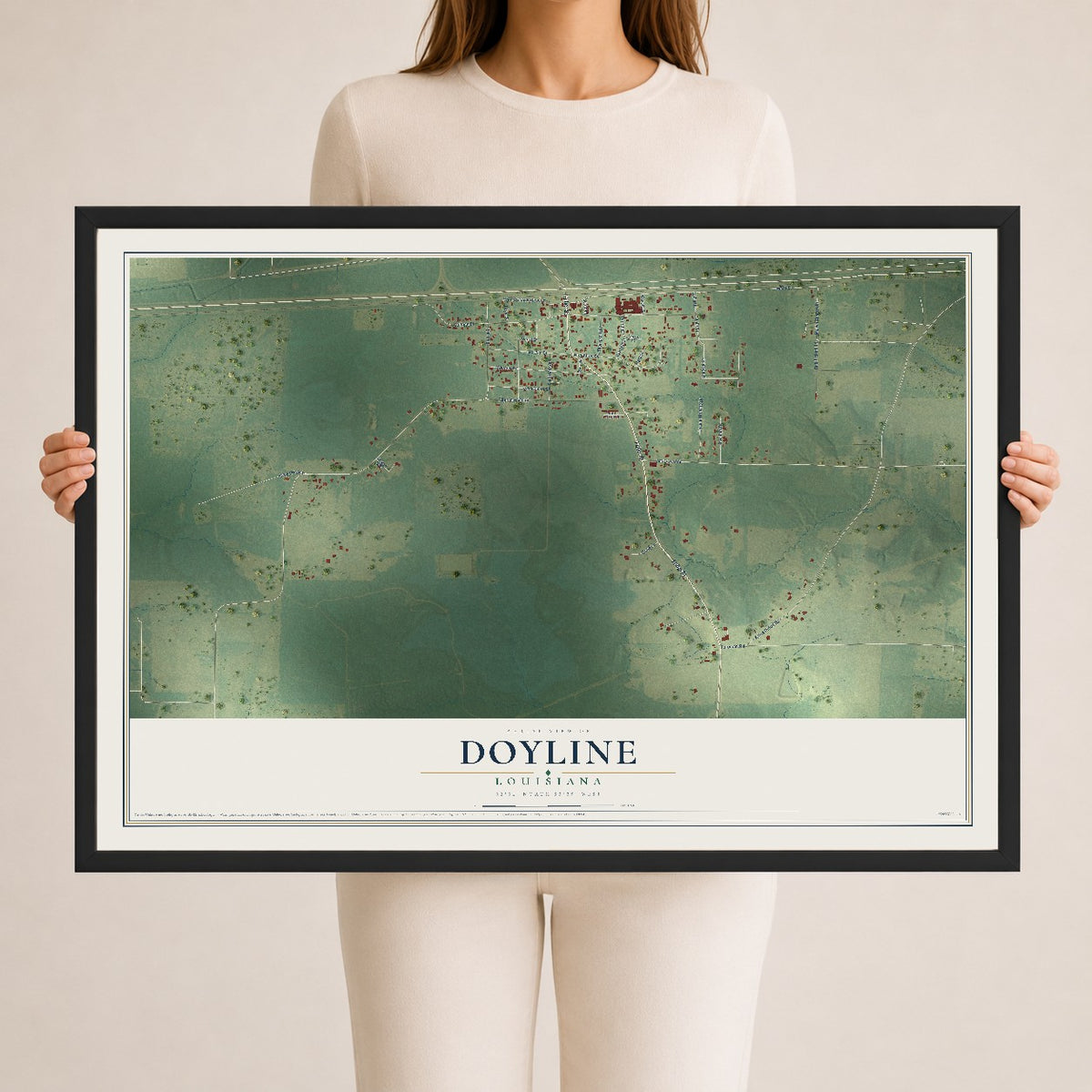 Map of Doyline, Louisiana, 24 x 36 inch print in a black wood frame