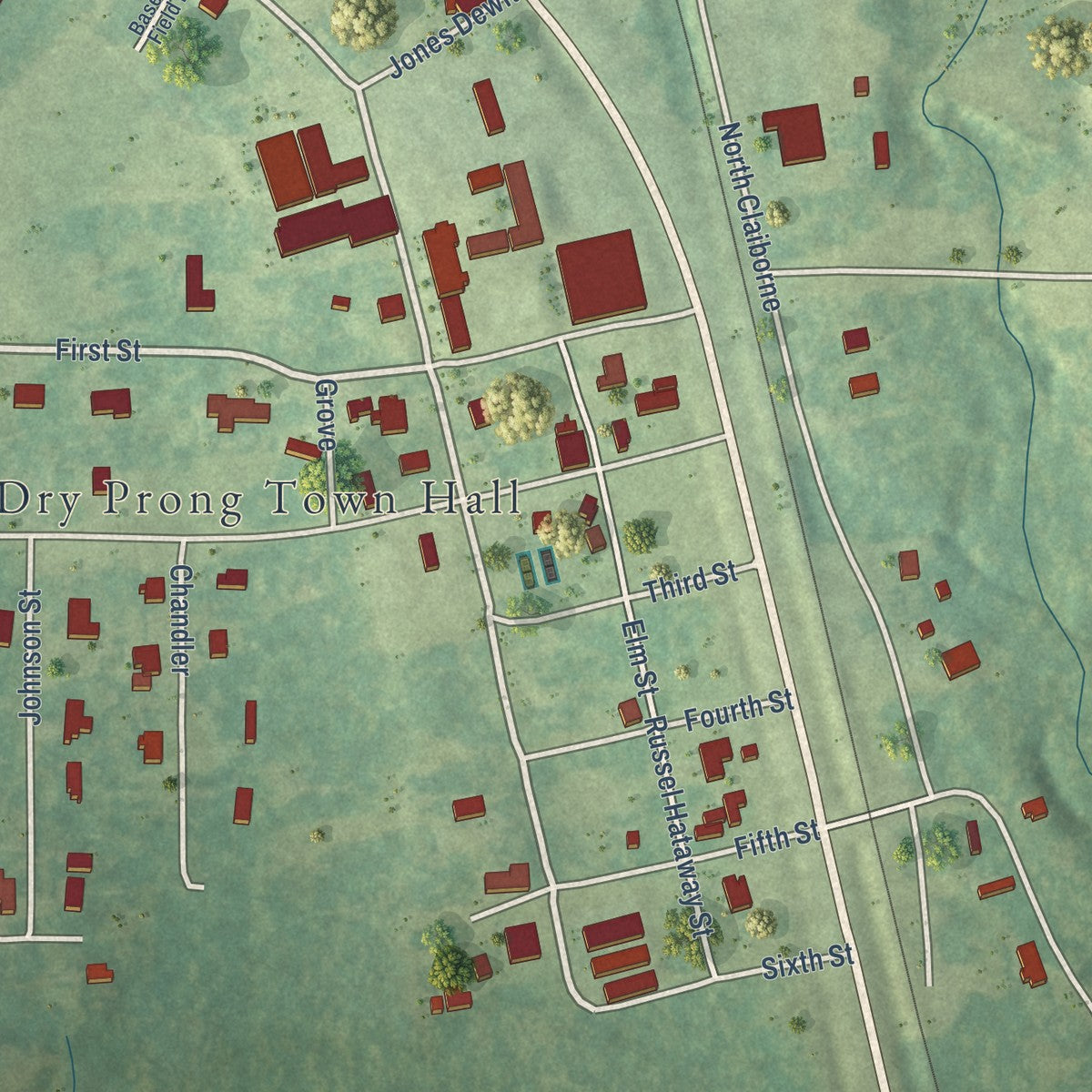 Close-up of the map of Dry Prong, Louisiana print showing street and building detail