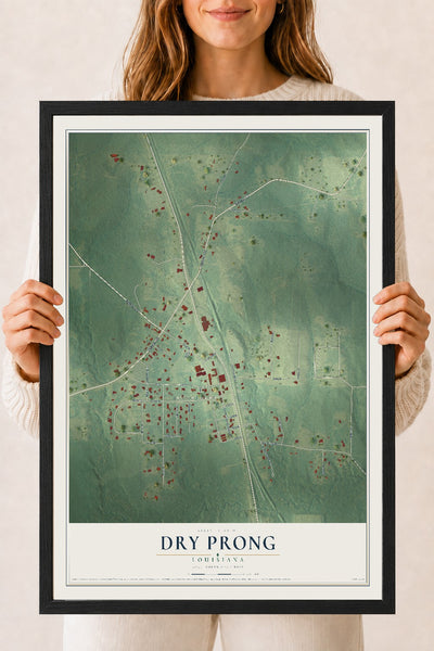 Map of Dry Prong, Louisiana, 18 x 24 inch print in a black wood frame