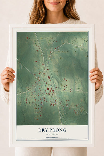 Map of Dry Prong, Louisiana, 18 x 24 inch print in a white wood frame