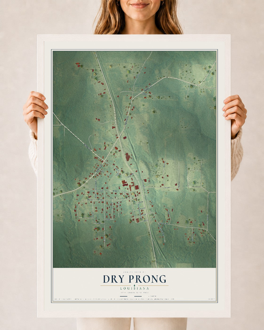 Map of Dry Prong, Louisiana, 24 x 36 inch print in a white wood frame